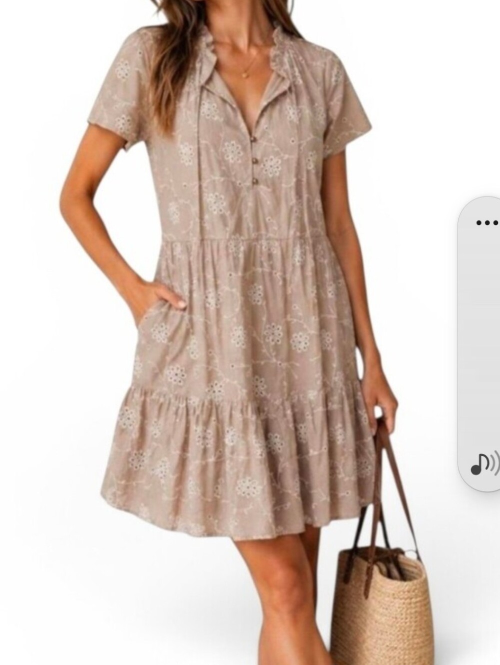 Joie Taupe Eyelet Tiered Short Slewve Dress